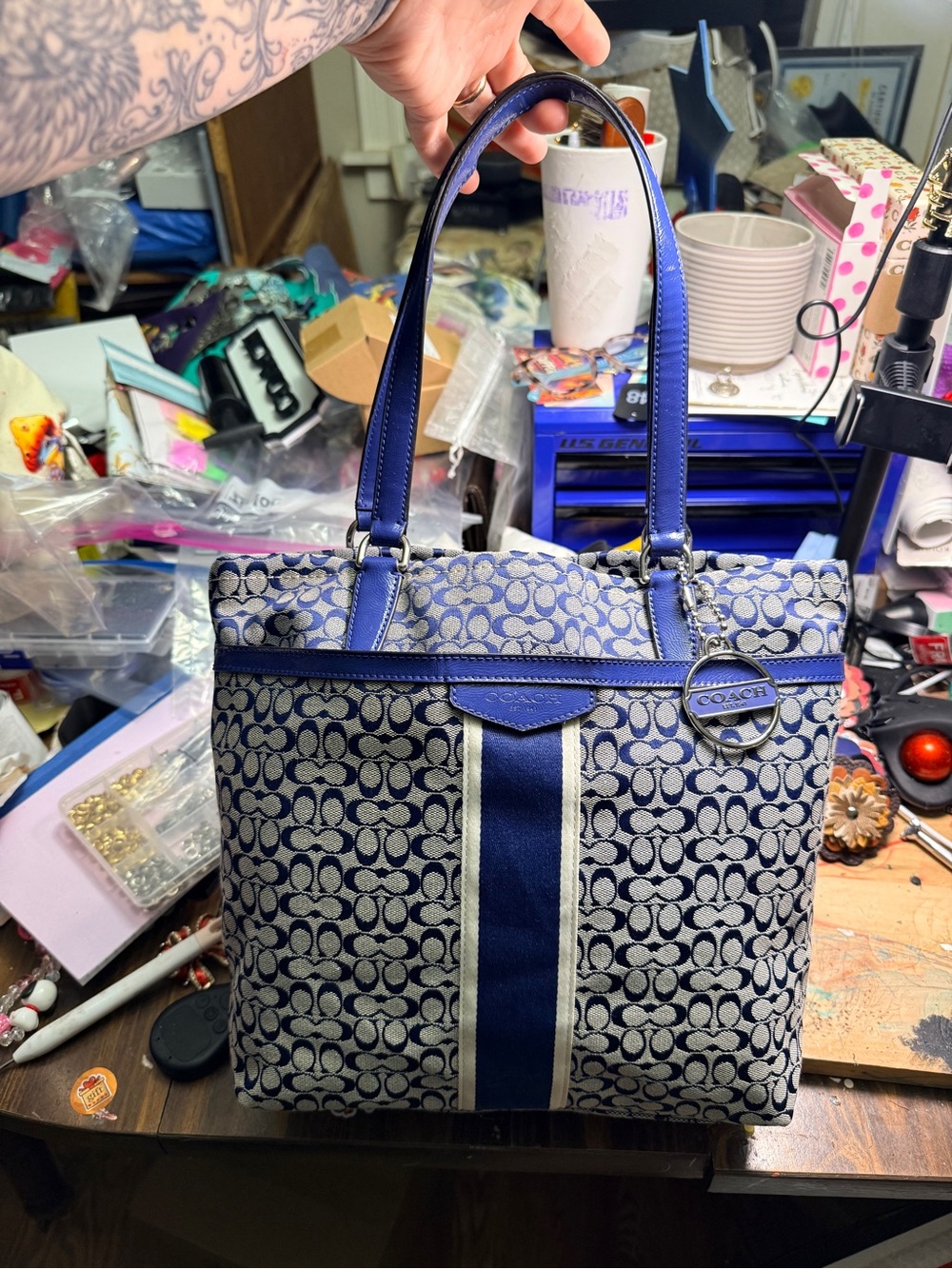Coach Signature Stripe Zip Tote Bag